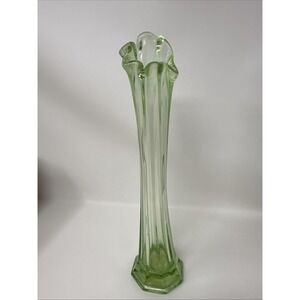 Vintage LE Smith Fenton ? Green Art Glass 11" Footed Swung Bud Vase MCM